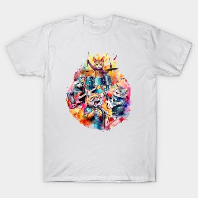 Cat Rock Band Watercolor Design for Music Lovers T-Shirt by Katrina Elena Designs